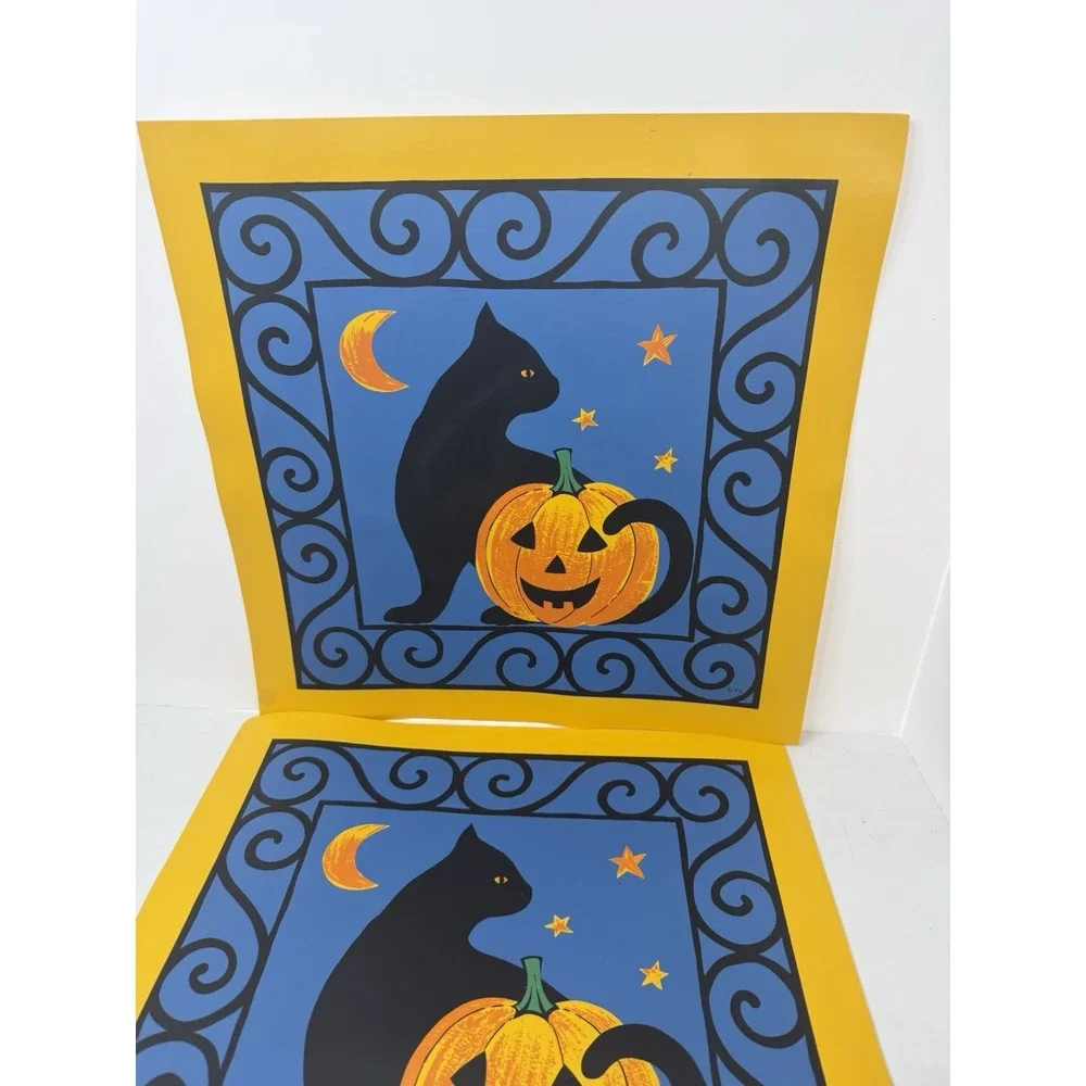 VTG 90's Town Country Halloween Square Vinyl Placemats Set 2 Black Cat JOL RARE